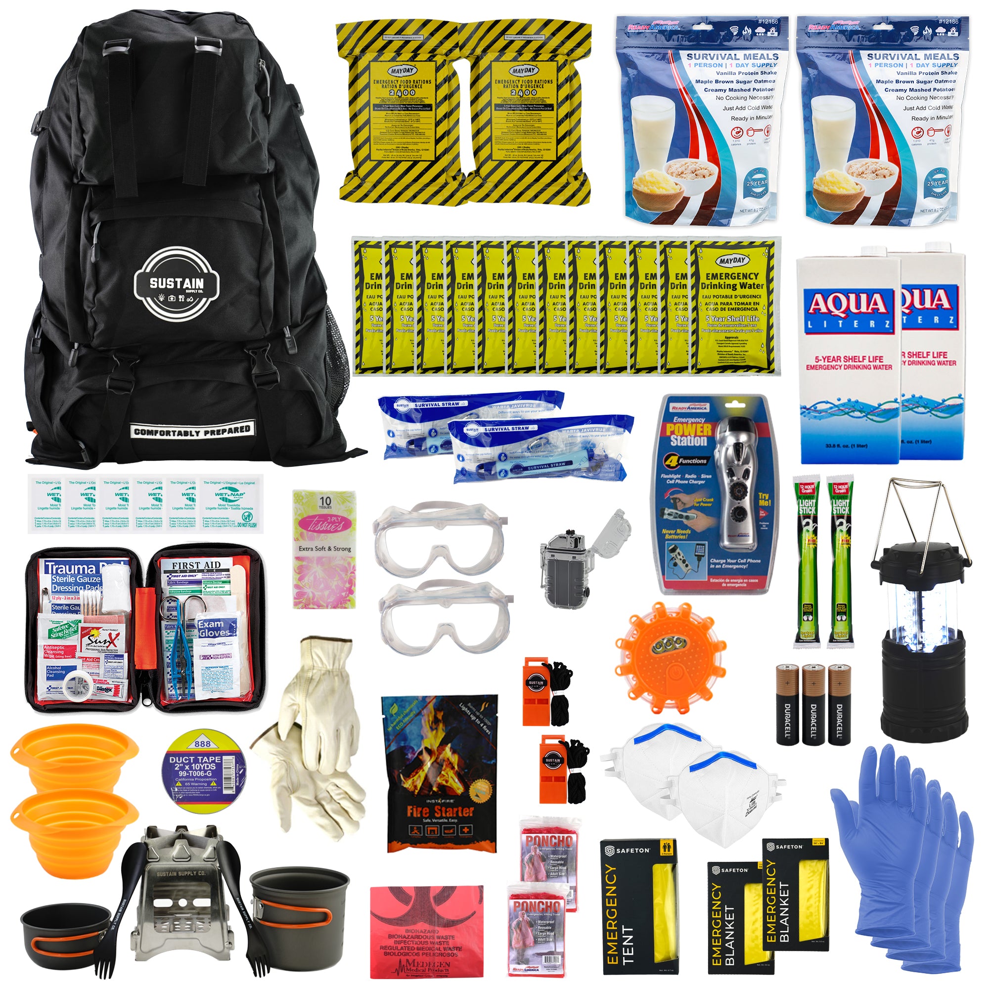 Sustain Supply Fire and Blackout Emergency Kit for 2 People, 72 Hour Deluxe Backpack