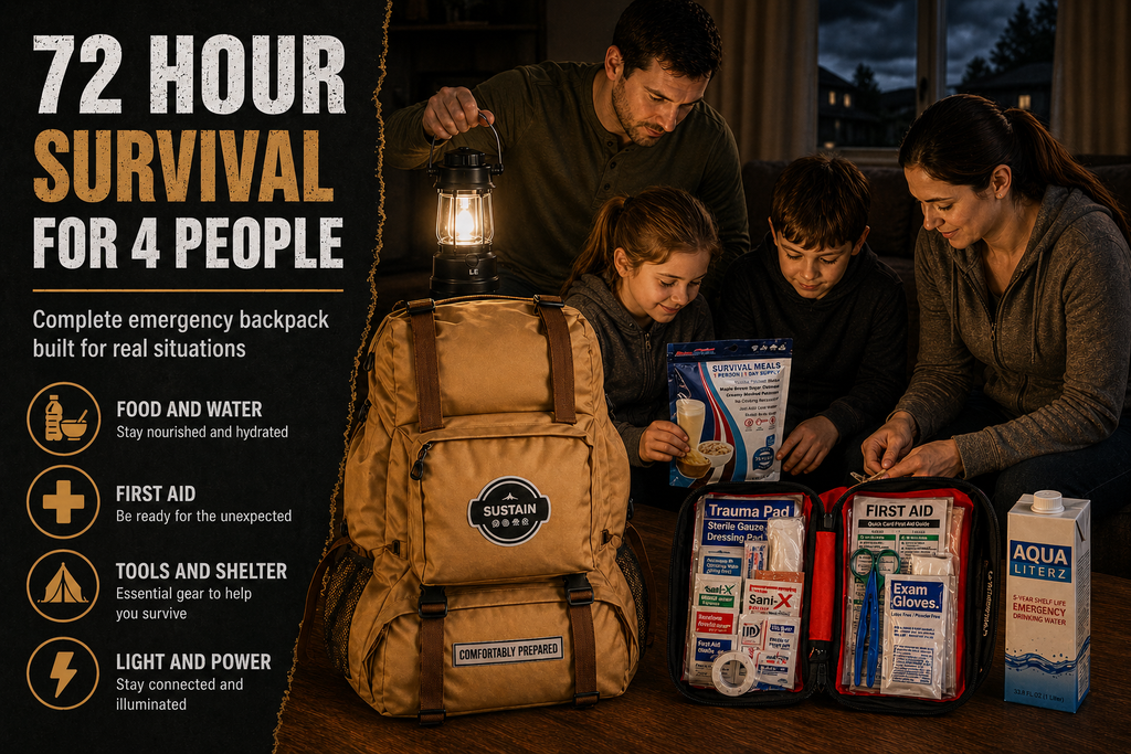 Sustain Supply Comfort Emergency Kit for 4 People, 72 Hour Backpack