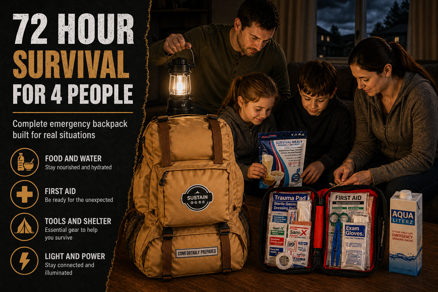 Sustain Supply Comfort Emergency Kit for 4 People, 72 Hour Backpack