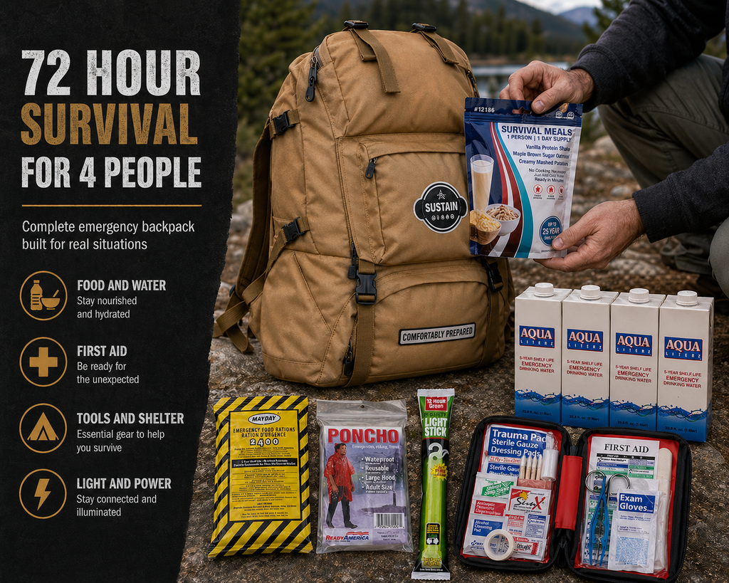 Sustain Supply Comfort Emergency Kit for 4 People, 72 Hour Backpack
