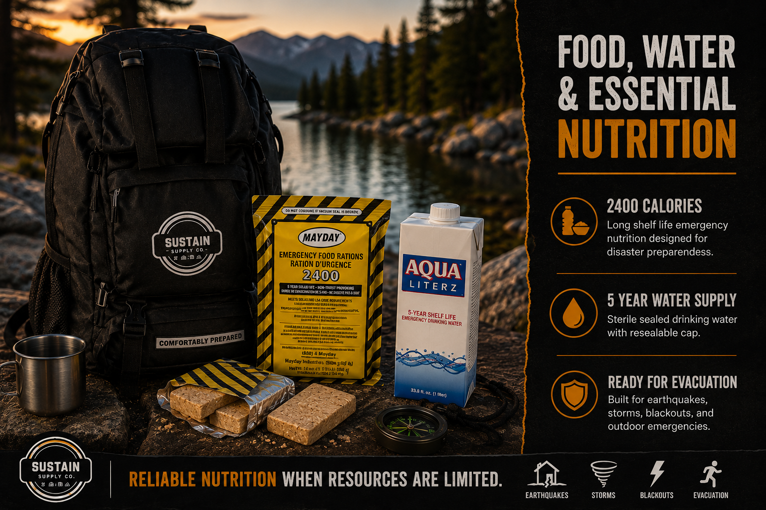 Sustain Supply Comfort Emergency Kit for 2 People, 72 Hour Backpack