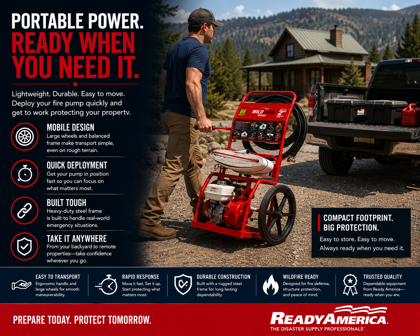 Fire Defense Pump Kit, 100 PSI Portable System with Hose and Cart