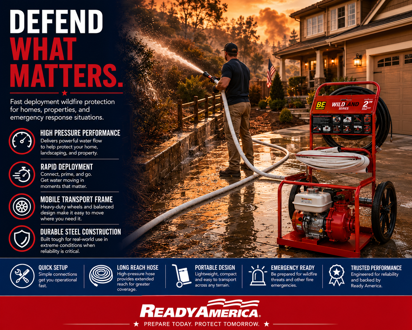 Fire Defense Pump Kit, 100 PSI Portable System with Hose and Cart